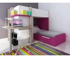 Cama litera SAMUEL - 2x90x190 cm - Escritorio integrado - Pino blanco/rosa