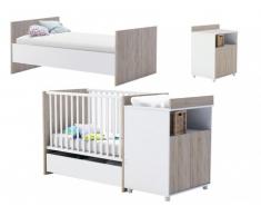 Cuna convertible en cama ROMY - 60x120/90x200 cm - Blanco y Roble - Con compartimentos para guardar