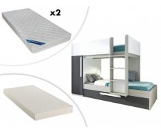 Cama litera con cajón cama nido ANTONIO - 3x90x190 cm - Armario integrado - Pino gris antracita y blanco + colchón nido + 2 colchones ZEUS 90x190