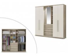 Armario ISAK - 4 puertas - Espejo y cajones - Largo 240 cm - Roble y marfil