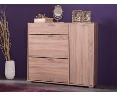 Mueble zapatero ARIETTA - 2 compartimentos, 1 puerta y 1 cajón - Color roble