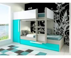 Cama litera con cajón cama nido ANTONIO - 3x90x190 cm - Armario integrado - Pino turquesa y blanco