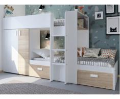 Cama litera JULIEN - 2x90x190 cm - Armario integrado - Blanco y Roble
