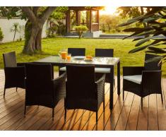 Comedor de jardín PALAWAN de resina trenzada antracita: una mesa + 6 sillones - Asiento blanco