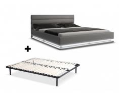 Cama NUBIS + somier de láminas - 160x200 cm - Piel sintética plateada con leds