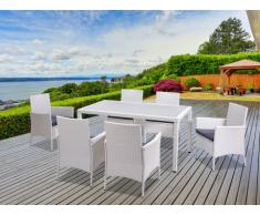 Comedor de jardín PALAWAN de resina trenzada blanco: una mesa + 6 sillones - Asiento gris