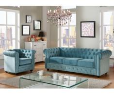 Sofá 3 plazas y sillón de terciopelo CHESTERFIELD - Azul pastel