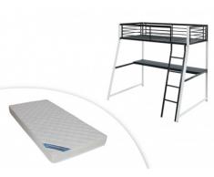 Cama alta MALICIA - cama 90x190cm - escritorio rinconero integrado - Color negro y blanco + colchón ZEUS 90x190