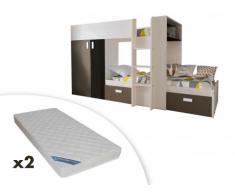 Cama litera JULIEN - 2x90x190 cm - Armario integrado - 3 colores - Pino blanco y chocolate + 2 colchones ZEUS 90x190