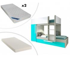 Cama litera con cajón cama nido ANTONIO - 3x90x190 cm - Armario integrado - Pino turquesa y blanco + colchón nido + 2 colchones ZEUS 90x190