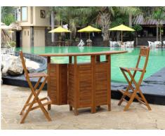 Mueble bar de jardín y 2 taburetes de bar AKUDA - Teca