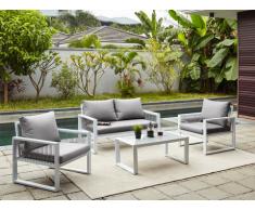 Salón de jardín KIRIBATI de aluminio y cuerdas: un sofá 2 plazas, 2 sillones y una mesa de centro
