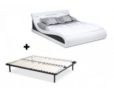 Cama ZALARIS + somier de láminas - 160x200 cm - Piel sintética blanca con leds