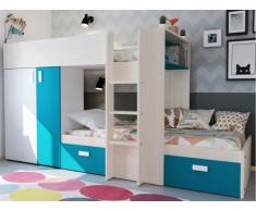 Cama litera JULIEN - 2x90x190 cm - Armario integrado - Pino blanco y azul