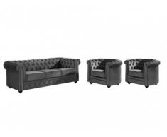 Sofá 3 plazas y 2 sillones de terciopelo CHESTERFIELD - Gris antracita
