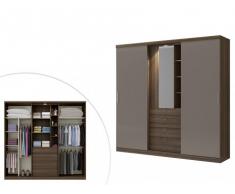 Armario BODIL - puertas correderas - Espejo y cajones - L.240cm - Chocolate y topo