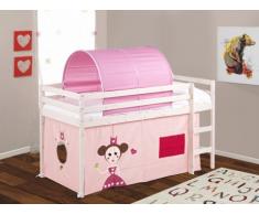 Cama alta KATE con cortinas y túnel color rosa - 90x190cm - Pino macizo - Blanqueado
