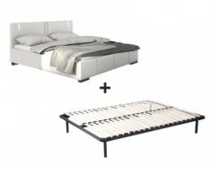Cama SOREN + somier de láminas - 160x200 cm - Piel sintética blanca con leds