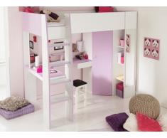 Cama alta GEMMA - 90x200cm - Con escritorio, espacio de almacenaje y armario integrados - Morado y blanco