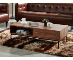 Mesa de centro TAYRON - 2 cajones y 2 estantes - MDF y patas de metal - Color nogal