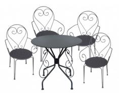 Comedor de jardín de hierro forjado GUERMANTES: mesa y 4 sillones antracitas
