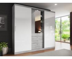 Armario BODIL - puertas correderas - Espejo y cajones - L.240 cm - Gris y blanco