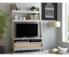 Mueble TV con estanterías ESKALI - 2 puertas - Blanco y roble