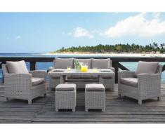 Conjunto de jardín OLINDA de resina trenzada beige claro: sofá, 2 sillones, 2 taburetes, mesa de comedor