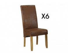 Conjunto de 6 sillas SANTOS - Microfibra con aspecto piel envejecida - Patas de madera clara