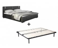 Cama SOREN + somier de láminas - 160x200 cm - Piel sintética negra con leds