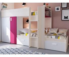 Cama litera JULIEN - 2x90x190 cm - Armario integrado - Pino blanco y fucsia