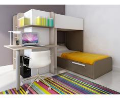 Cama litera SAMUEL - 2x90x190 cm - Escritorio integrado - Pino blanco/chocolate