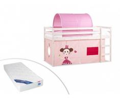 Cama alta KATE con cortinas y túnel color rosa - 90x190cm - Pino macizo - Blanqueado + colchón ZEUS 90x190 cm
