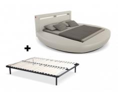 Cama ABULIS II + somier de láminas - 160x200 cm - Piel sintética blanca con leds