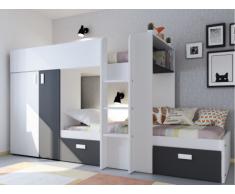 Cama litera JULIEN - 2x90x190 cm - Armario integrado - Pino blanco y negro