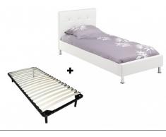 Cama GABIN + Somier de láminas - 90x200 cm - Piel sintética blanca