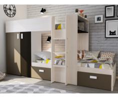 Cama litera JULIEN - 2x90x190 cm - Armario integrado - Pino blanco y chocolate