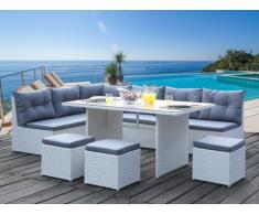 Conjunto de jardín con sofá rinconero PALAWAN de resina trenzada blanca y cristal templado: un sofá 5 plazas, 3 taburetes y una mesa - Asiento gris