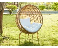 Sillón huevo NOUMEA de resina trenzada beige y cojín blanco