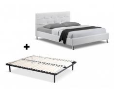 Cama GABIN + Somier de láminas - 140x190 cm - Piel sintética blanca