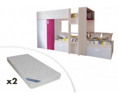 Cama litera JULIEN - 2x90x190 cm - Armario integrado - 3 colores - Pino blanco y fucsia + 2 colchones ZEUS 90x190