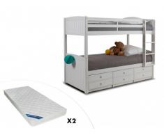 Cama litera separable ANCHISE - 90x190cm - Con compartimentos - Lacado blanco + 2 colchones ZEUS 90x190 cm