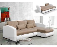 Sofá cama rinconero de orientación reversible tapizado de piel sintética y tela PIANA - Beige y blanco