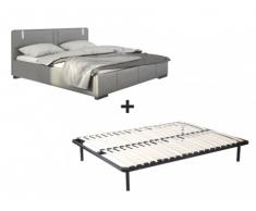 Cama SOREN + somier de láminas - 160x200 cm - Piel sintética gris con leds
