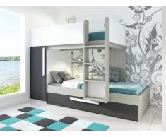 Cama litera con cajón cama nido ANTONIO - 3x90x190 cm - Armario integrado - Pino gris antracita y blanco