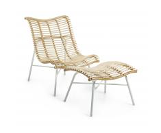 Sillón con reposapies Iami en ratán natural y metal blanco