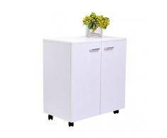 HOMCOM Armario Móvil con Ruedas y 2 Puertas tipo Mueble Auxiliar - Blanco - Madera - 60x35x65 cm
