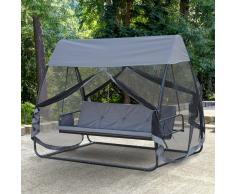 Outsunny Columpio Balancín de 3 Plazas Convertible en Cama con Mosquitera y Bolsa de Almacenamiento para Jardín Terraza y Patio Material Acero Carga máx. 300kg - Color Gris - 240x140x197cm