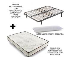 Colchón Viscoelástico Viscoferta + Somier Multiláminas Con Regulación Lumbar y 8 Patas De 32cm + Almohada De Fibra Resinada, 180x180cm (2 Somieres De 90cm Con Abrazaderas y 2 Almohadas De 90cm)