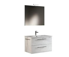 Mama Store 60 – Mueble de baño suspendido 60 cm Roble Blanco con Lavabo, Espejo y lámpara LED, 62 x 47 x 53 cm, Madera Aluminio, L. 62 X P. 47 X H. 53 CM